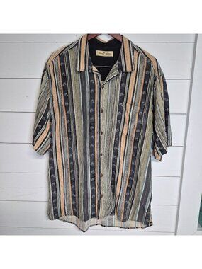 Tommy Bahama Black, Beige and Olive Vertical Stripe Camp Shirt